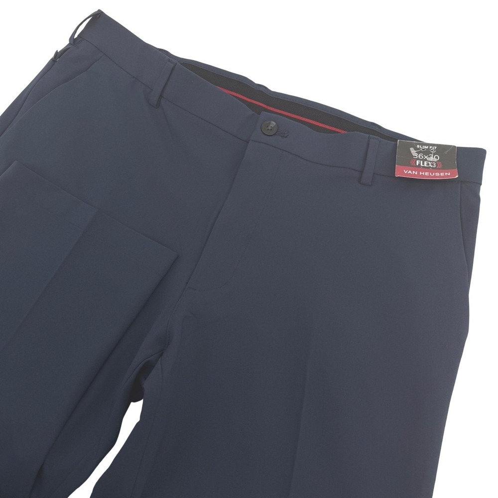 Van Heusen Dress Pants Mens 36x30 Blue Flex 3 Slim Fit Flat Front Trousers NEW